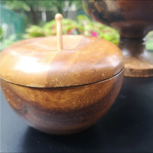 Vintage Wooden Fruit Painted Pedestal Bowl, 7.5" Tall and A Money Pod Wood Apple - Picture 5 of 9